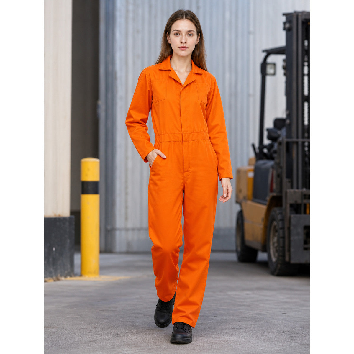 Full-body view of a woman walking in an orange jumpsuit near a forklift, wearing black shoes and showing the garment's long sleeves and elastic waist