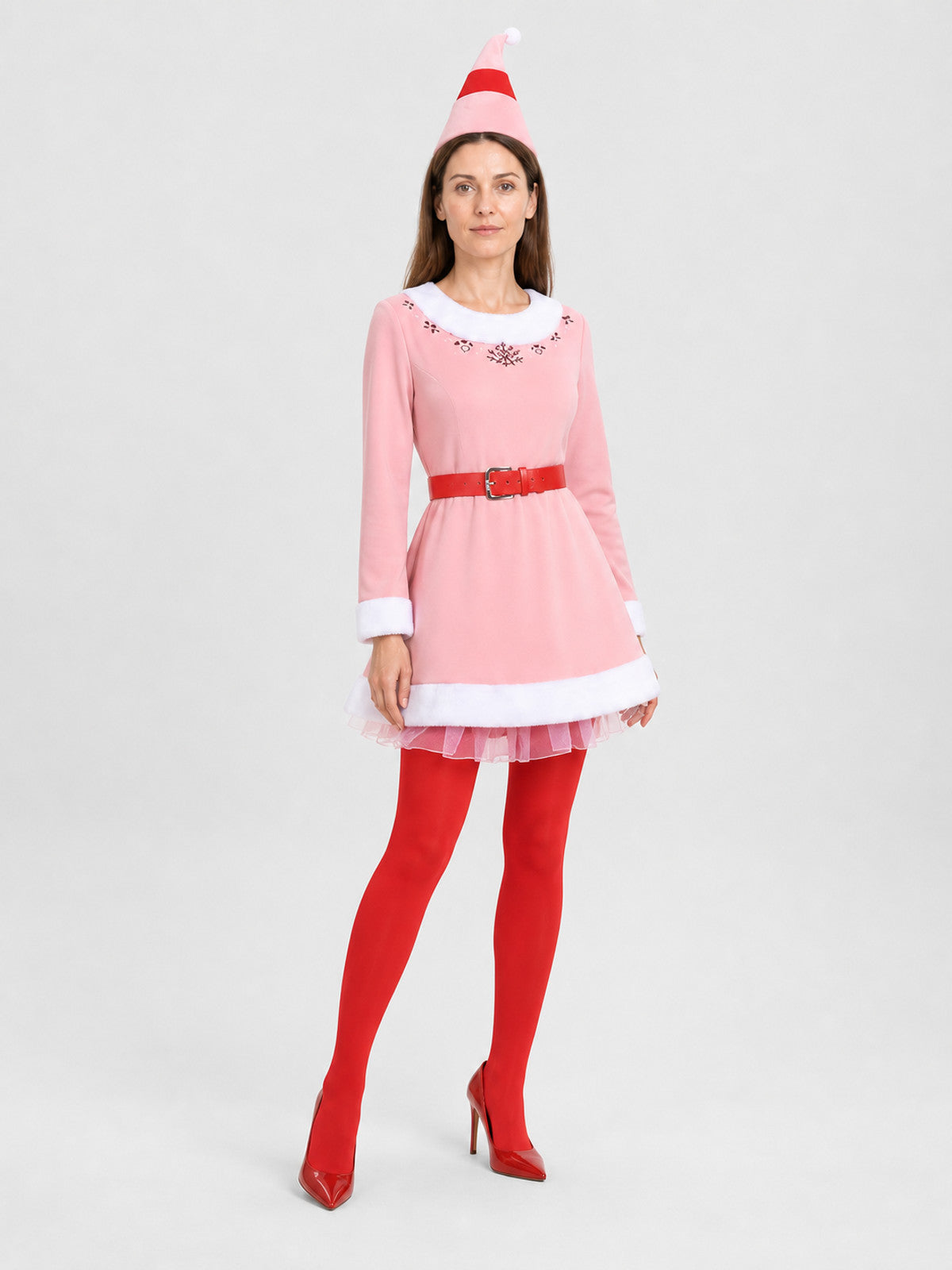Christmas Elf Costume: Pink Dress with White Trim Costume Dresses detail