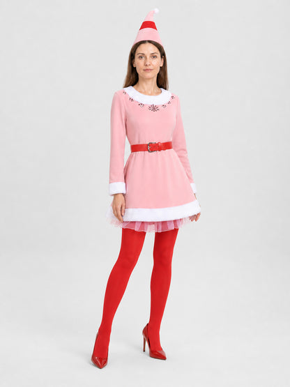 Christmas Elf Costume: Pink Dress with White Trim Costume Dresses detail