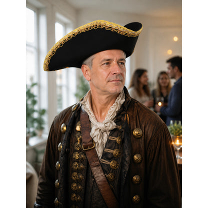 Black tricorn hat with ornate gold trim worn by a side-facing older model in a brown costume