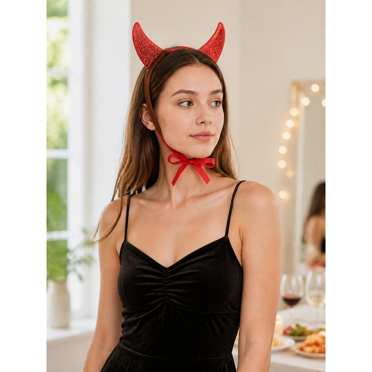 Halloween Carnival Headband with Red Devil Horns lifestyle view