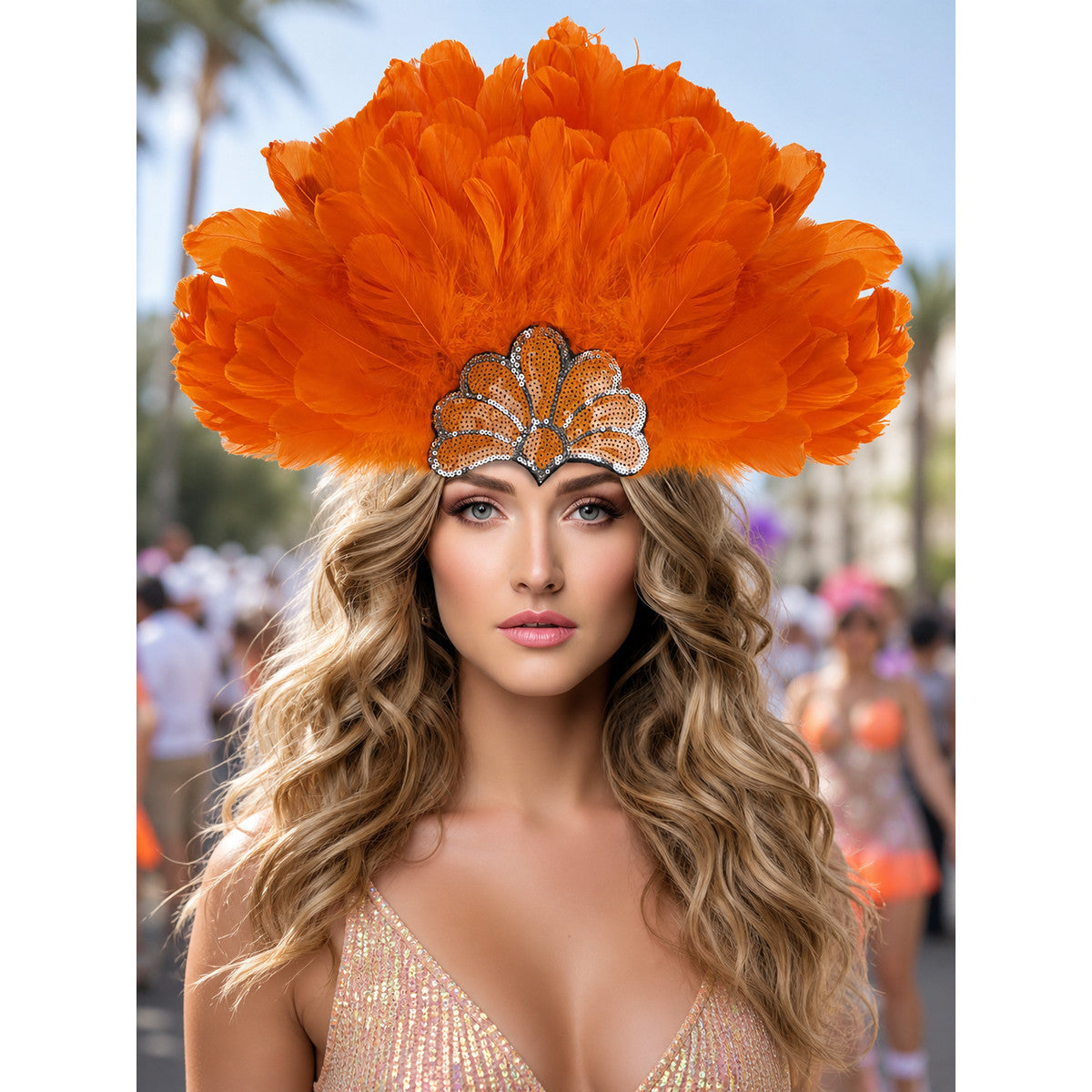 Carnival Headpiece with Orange Feathers lifestyle view