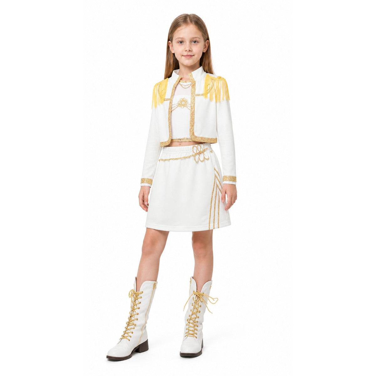 White Children's Stage Costume with Gold Fringe Costumes detail