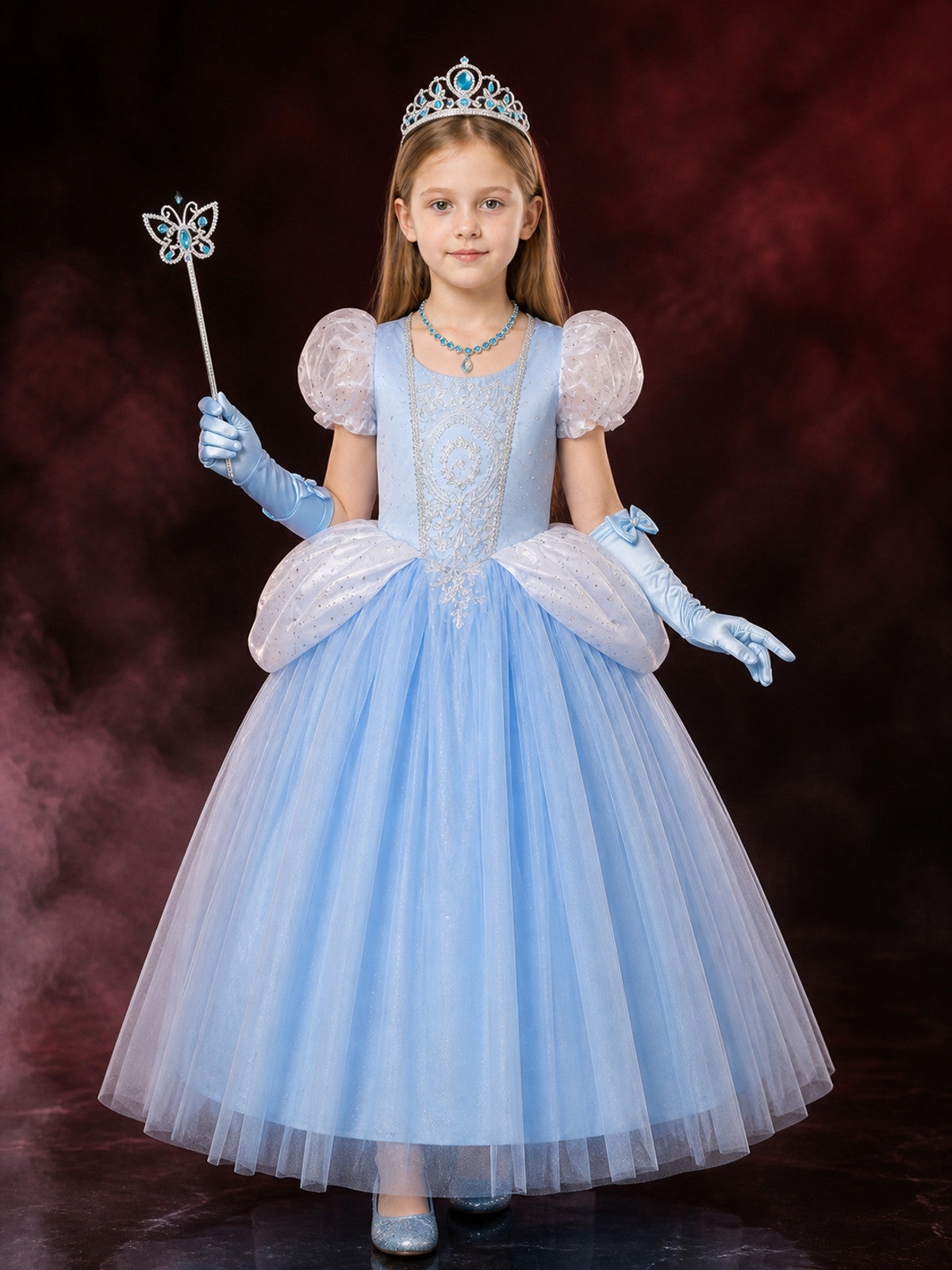 Girls Cinderella Princess Dress Costume Set - Light Blue Sparkly Tulle with