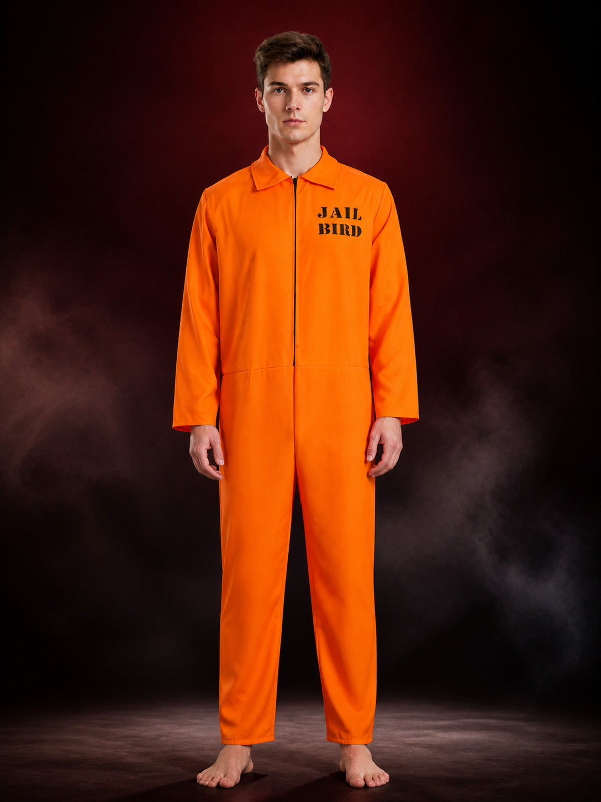 Orange Prisoner Jumpsuit Costume, Zip-Front Long-Sleeve Jailbird Cosplay Outfit