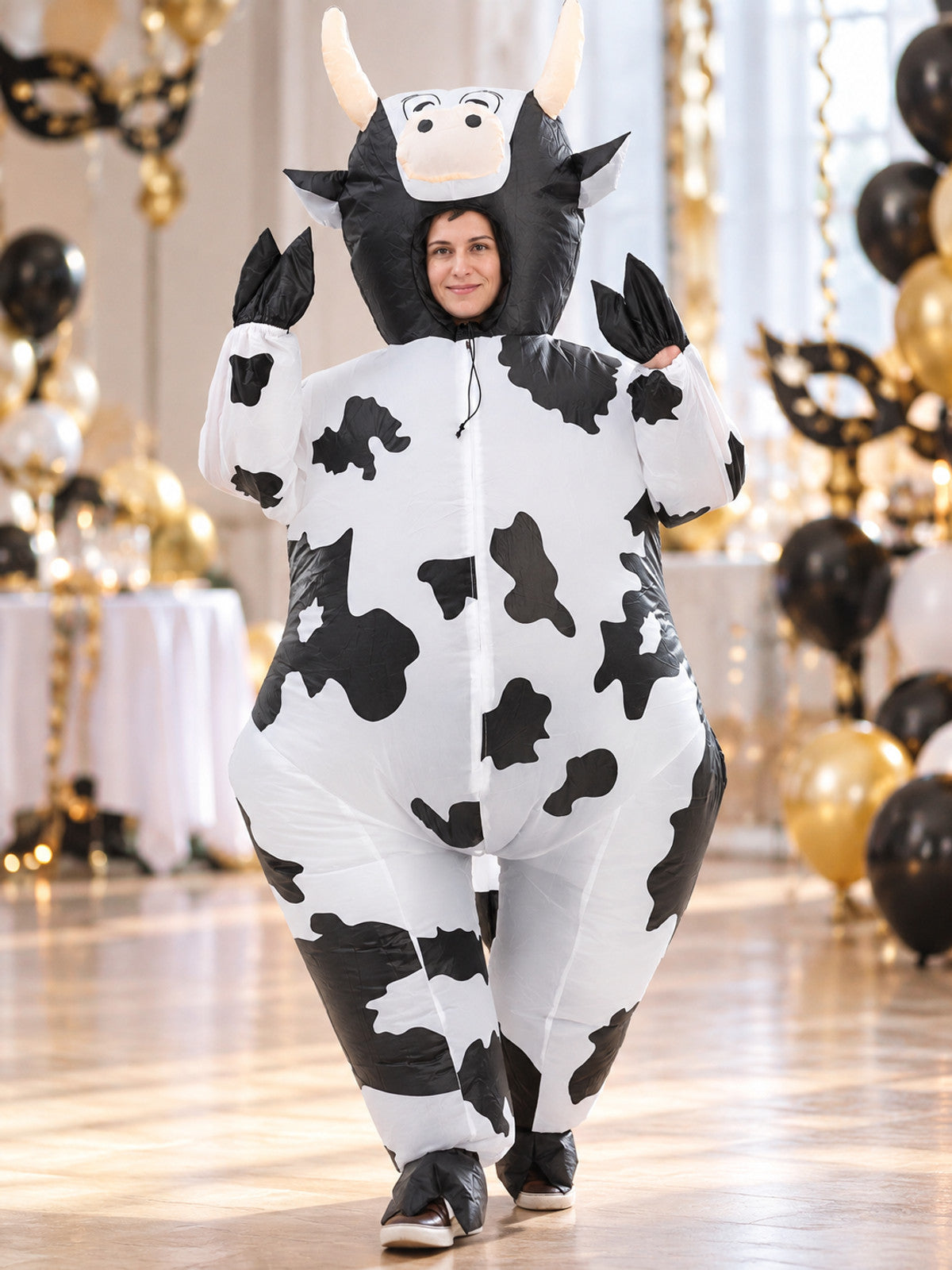 Full-Size Inflatable Cow Costume with Horns and Spots