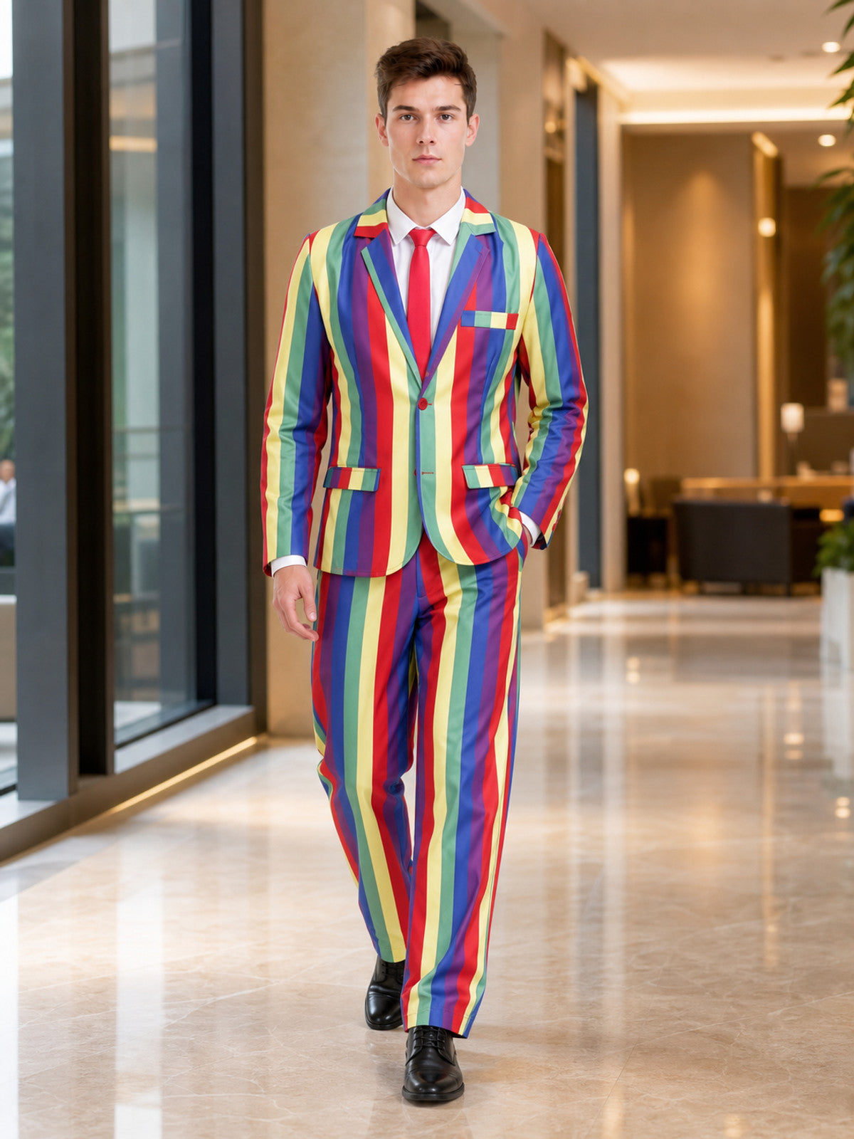 Striped multicolor blazer and pants set—a bold choice for a festive look