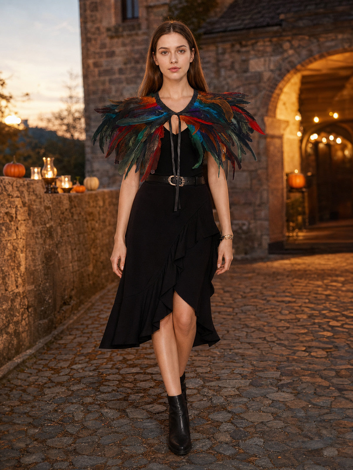 Multicolor Feather Cape Halloween Costume, 2-Layer Feather Shoulder Wrap with