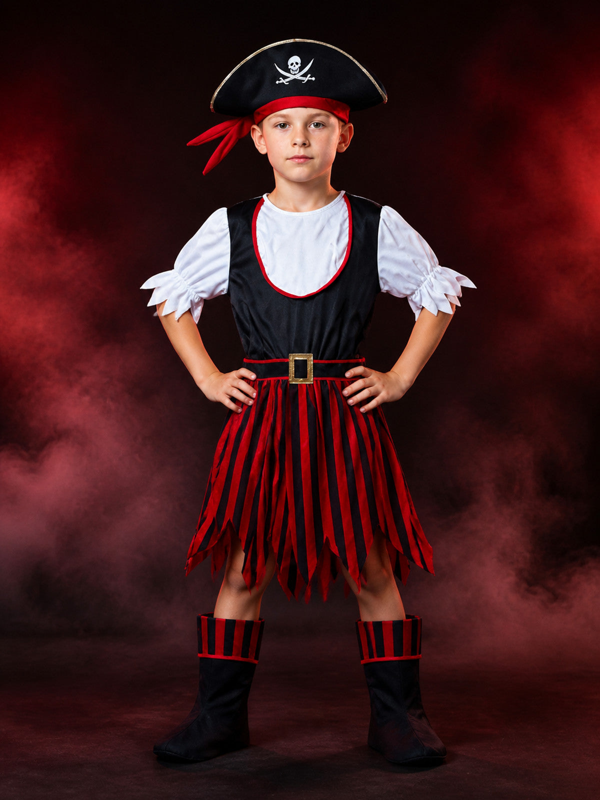 Boys Pirate Halloween Costume Set with Tricorn Hat, Headscarf & Boot Covers