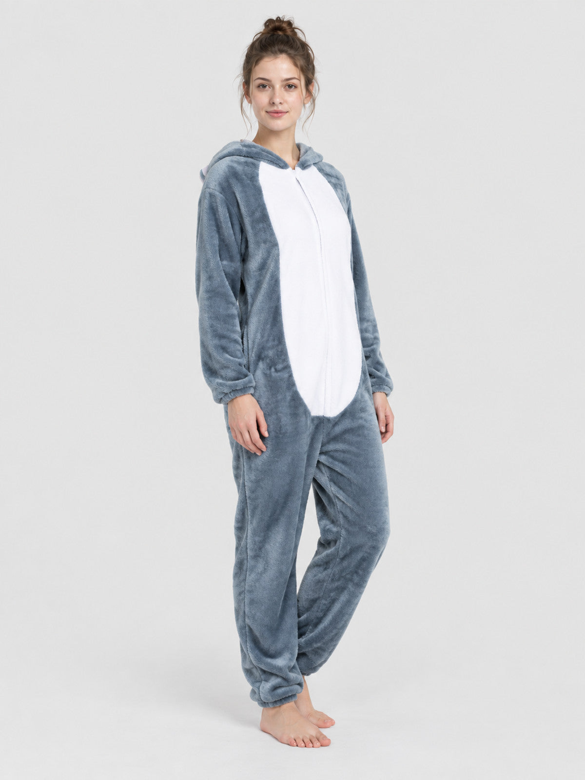 Flannel Pajama Jumpsuit Gray-Blue with Hood