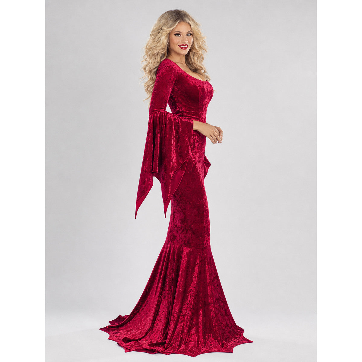Burgundy dress presented in a gothic style, suitable for a Halloween look, masquerade, or themed performance. The dress is made in a rich dark red burgundy shade. The upper part has a fitted silhouette, while the lower part gradually flares