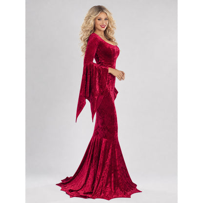 Burgundy dress presented in a gothic style, suitable for a Halloween look, masquerade, or themed performance. The dress is made in a rich dark red burgundy shade. The upper part has a fitted silhouette, while the lower part gradually flares