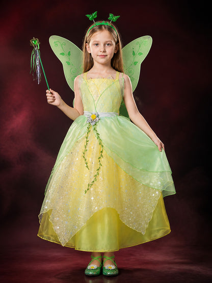 Girls Sparkle Princess Costume Dress with Green Vine Trim, Translucent Layered main product view