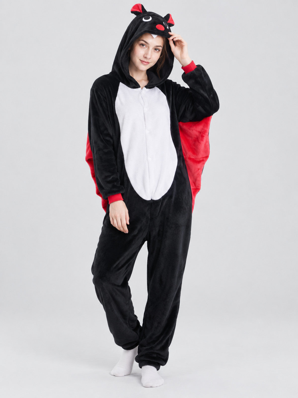 Black Hooded Pajama Jumpsuit with Appliqués