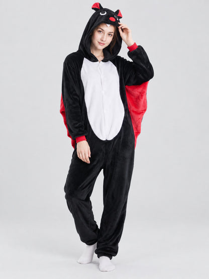Black Hooded Pajama Jumpsuit with Appliqués