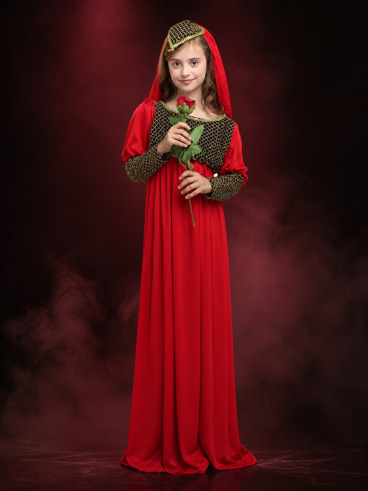 Red Princess Costume Dress with Black Gold Pattern and Headpiece, Long Sleeve