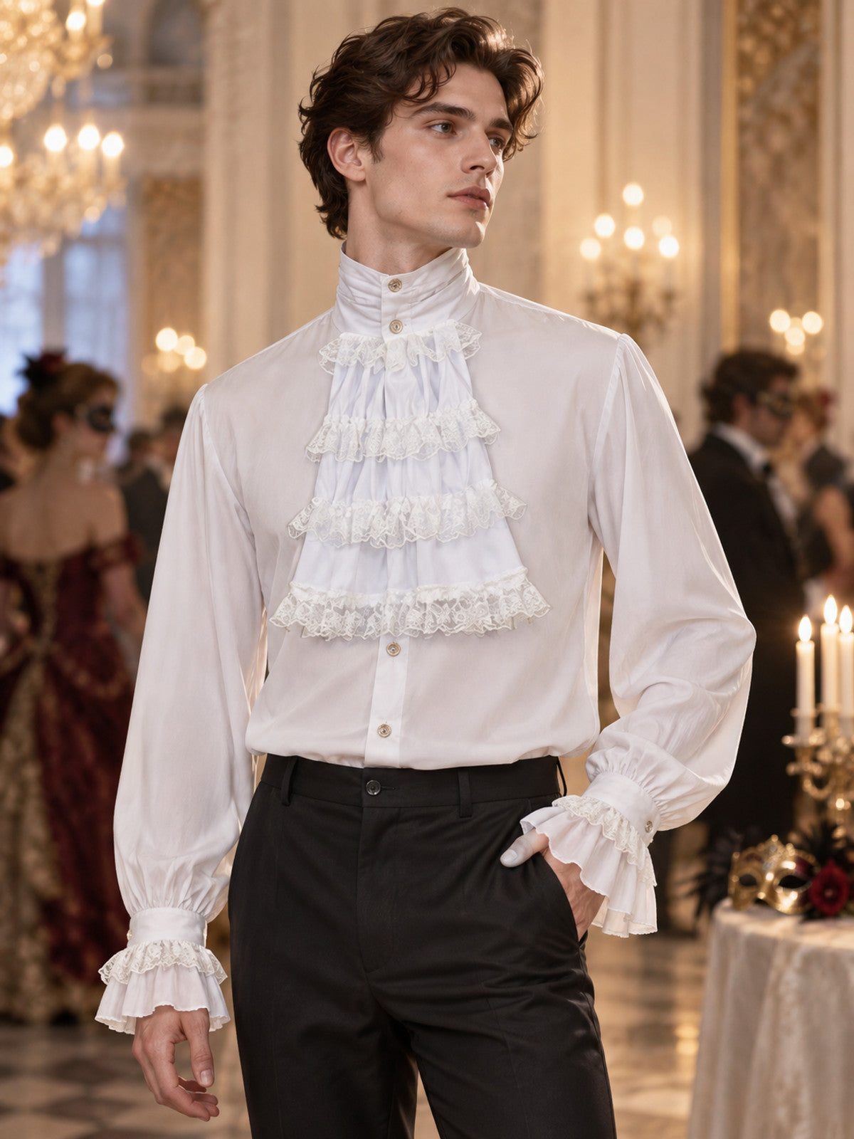 White shirt with a jabot, ruffles and a high collar