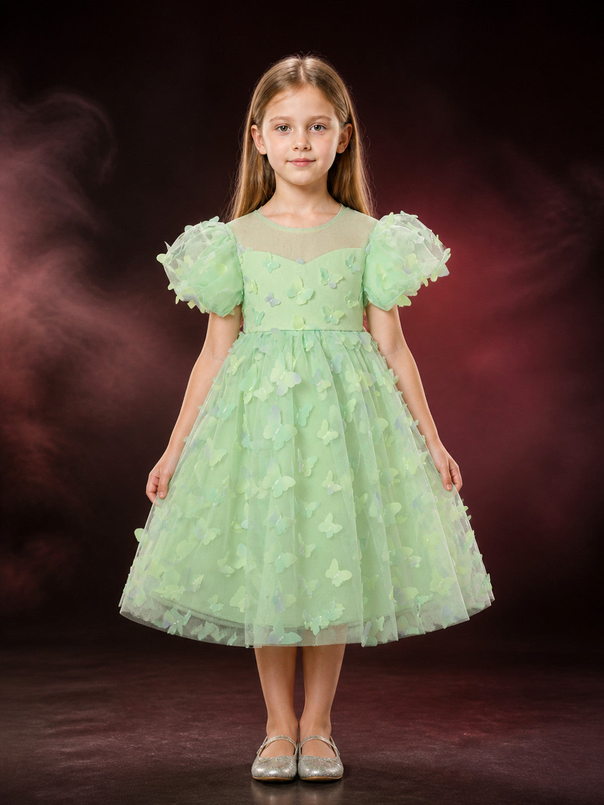 Toddler Girls' Butterfly Princess Dress with Puff Sleeves and Tulle Skirt main product view
