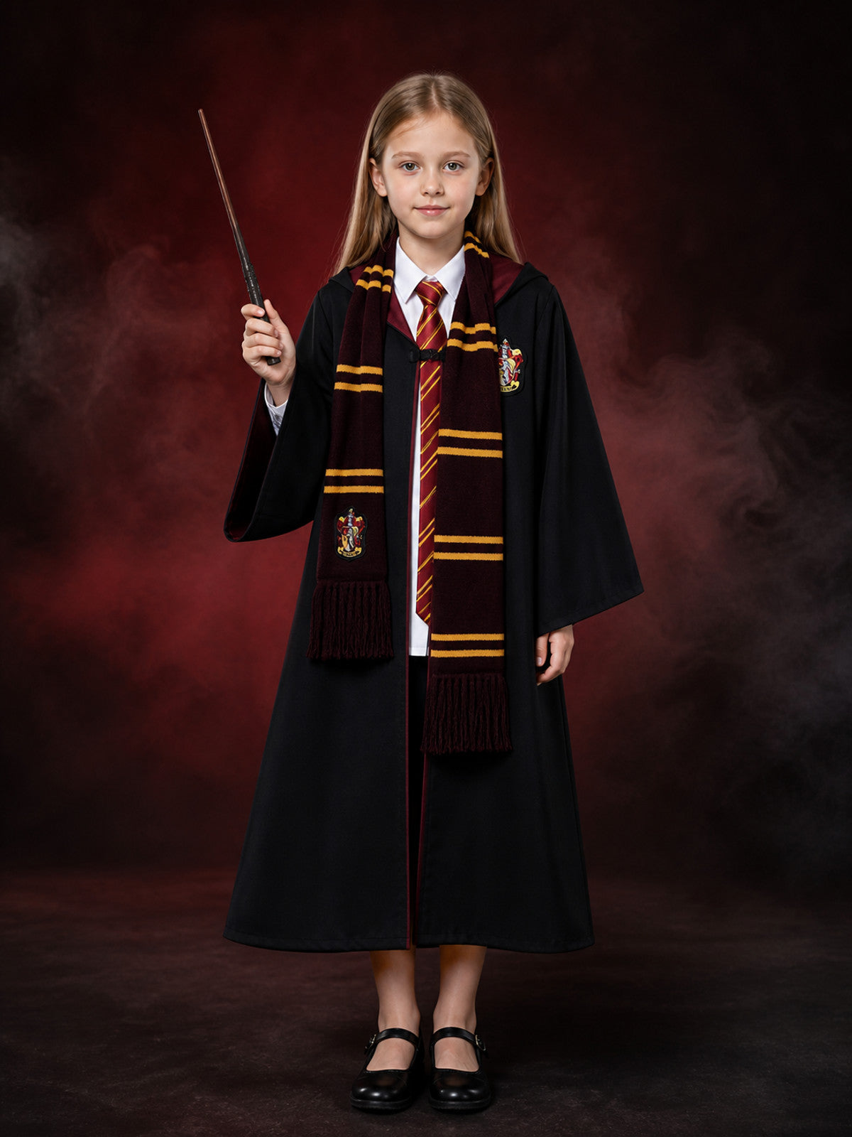 Wizard Robe Costume Set with Shirt, Wand, Tie and Scarf, Black Academy Style