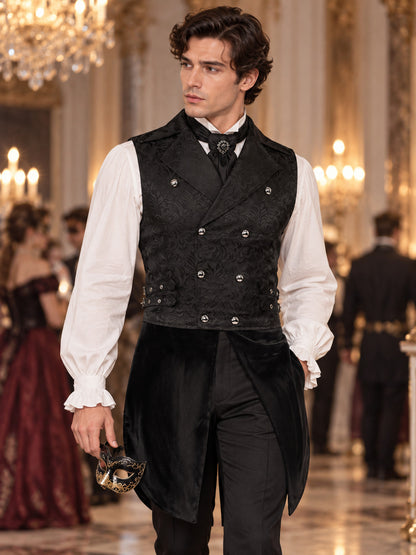 Black Double-Breasted Jacquard Pattern Vest with Tails