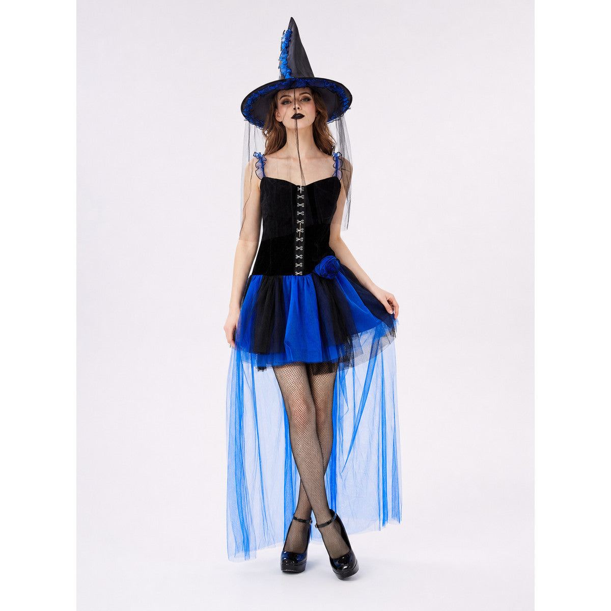Witch Dress with Blue Roses and a Sheer Train