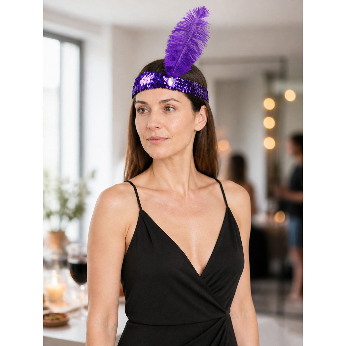 Halloween Carnival Headpiece with Purple Feather lifestyle view