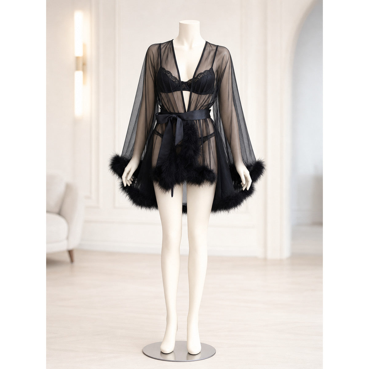 Black Sheer Robe with Belt and Fluffy Trim