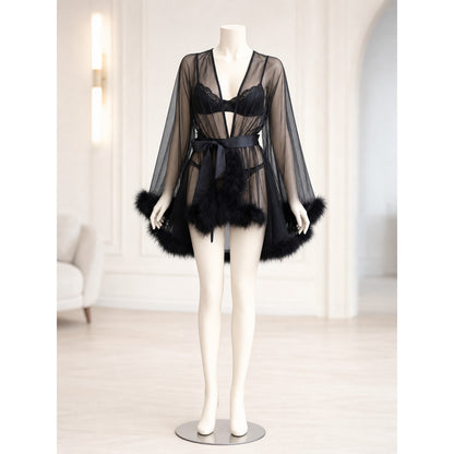 Black Sheer Robe with Belt and Fluffy Trim