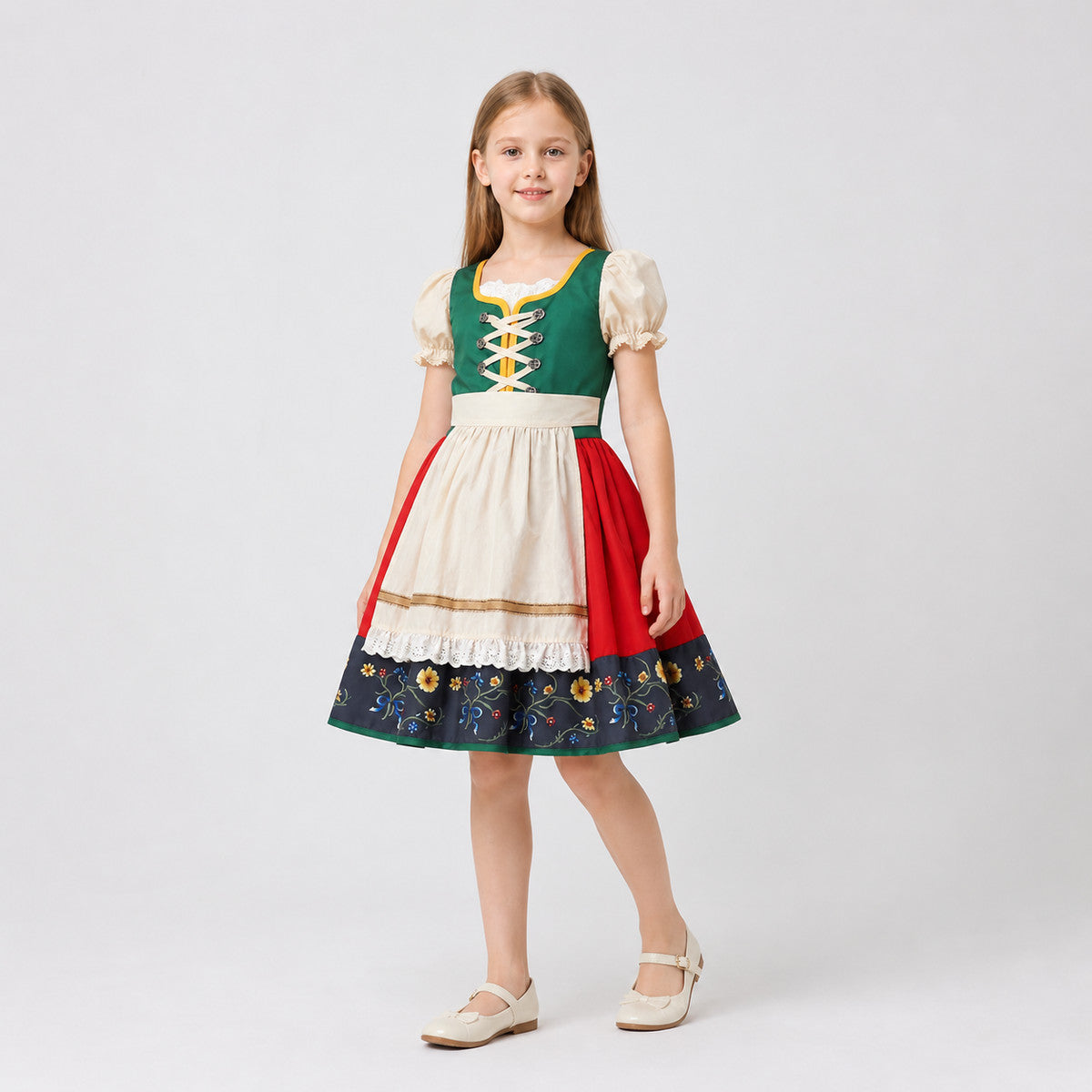 Children’s dirndl-style dress with apron and headscarf