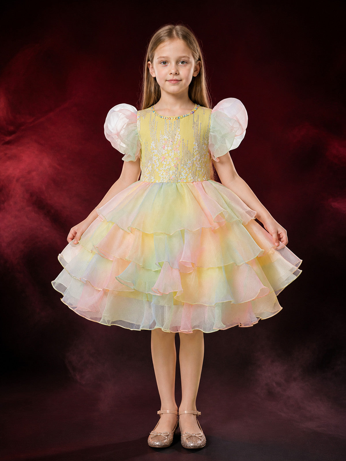 Girls' Multicolor Gradient Princess Formal Dress with Sequined Beaded Bodice and main product view