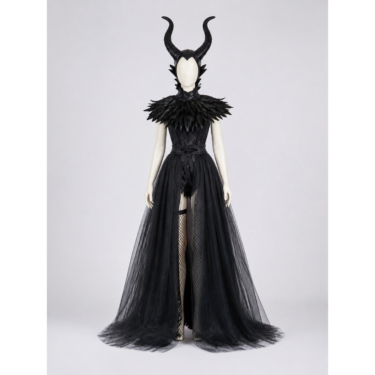 Black Fantasy Character Costume with Horned Headpiece