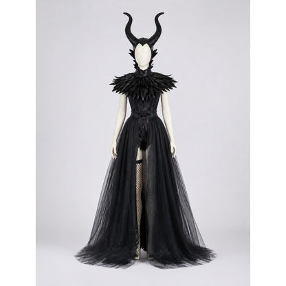 Black Fantasy Character Costume with Horned Headpiece