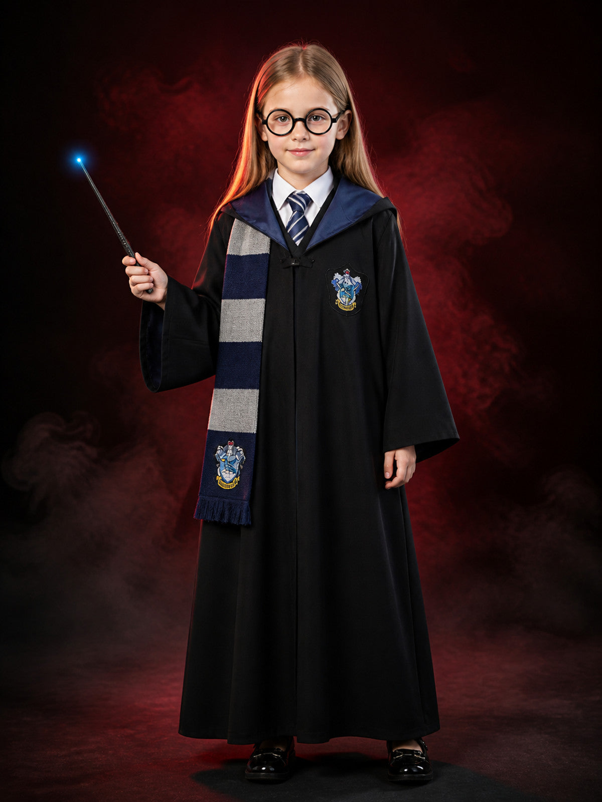 Wizard Robe Costume Set, Hooded Cloak With Striped Scarf, Tie, Glasses And Wand main product view