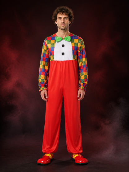 Adult Clown Jumpsuit Costume with Colorful Checkered Print and Bow Tie