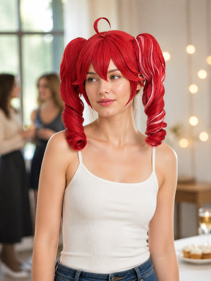 Red cosplay wig with pink strands lifestyle view
