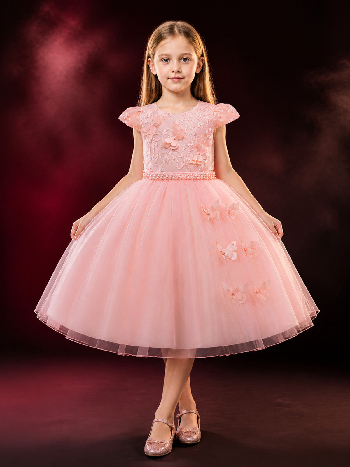 Baby Girls' Pink Princess Formal Dress, Short Sleeves, Layered Tulle Skirt, Bow main product view