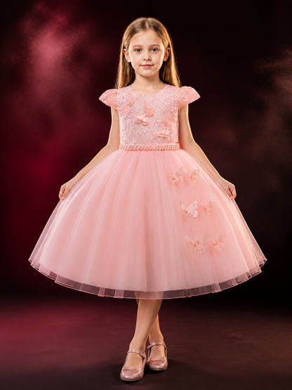 Baby Girls' Pink Princess Formal Dress, Short Sleeves, Layered Tulle Skirt, Bow main product view