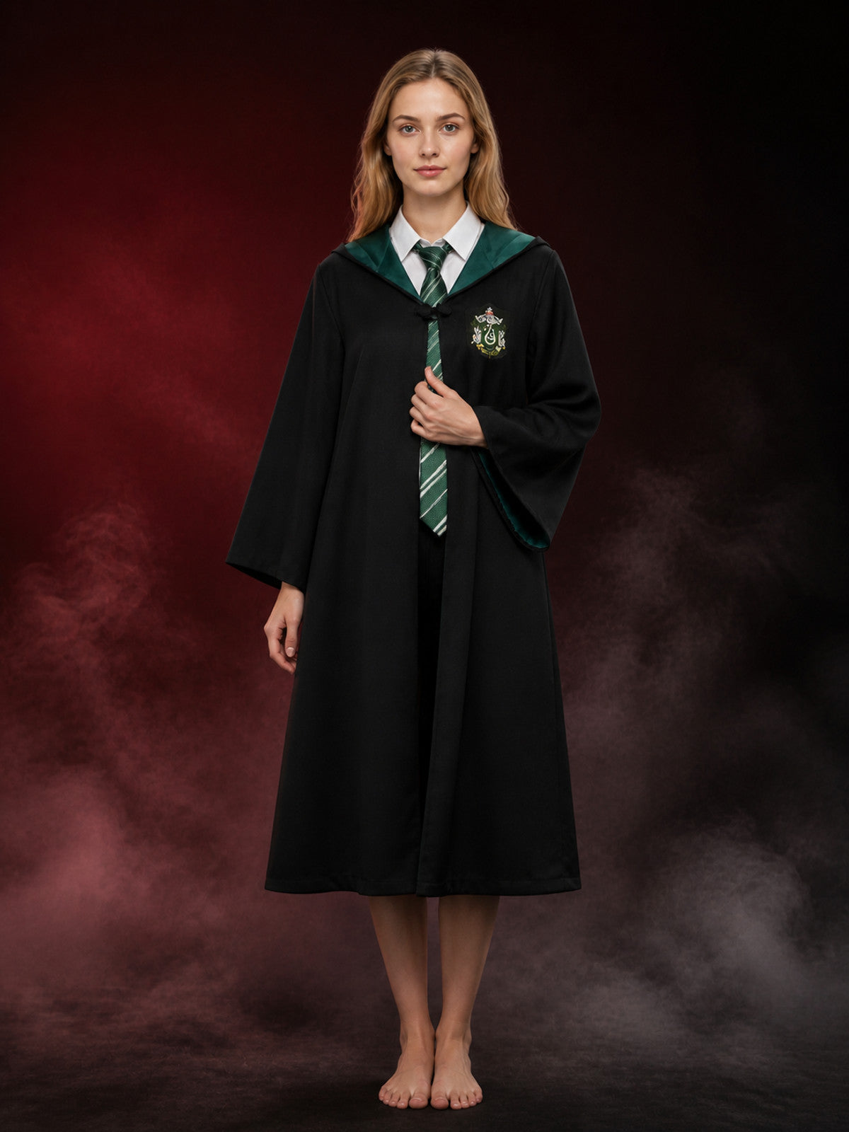 Men Women Kids Black Hooded Wizard Robe Costume Set With Dark Green & White