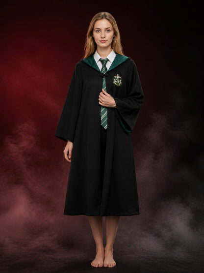 Men Women Kids Black Hooded Wizard Robe Costume Set With Dark Green & White