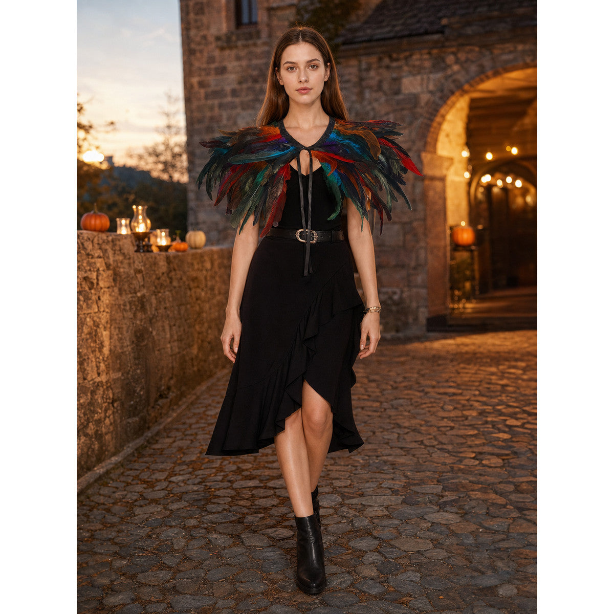 Multicolor Feather Cape Halloween Costume, 2-Layer Feather Shoulder Wrap with Black Front Tie, Cosplay Cape for Role Play Theme Party