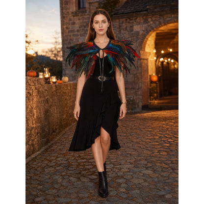 Multicolor Feather Cape Halloween Costume, 2-Layer Feather Shoulder Wrap with Black Front Tie, Cosplay Cape for Role Play Theme Party