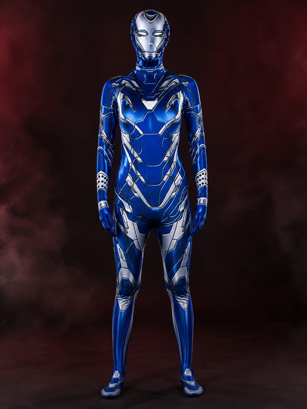 Iron Man Jumpsuit Costume with Attached Hood, Blue Silver Armor Print for main product view
