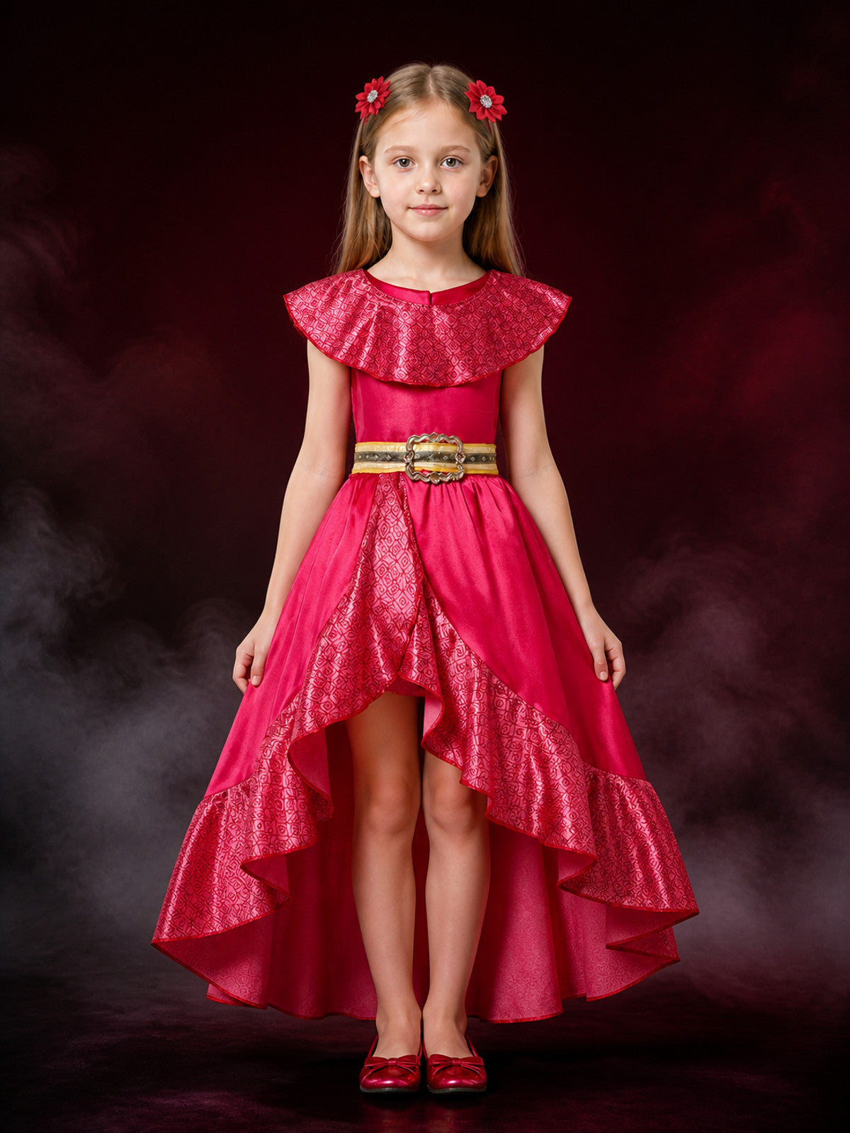 Kids Princess Elena Costume Dress Set with Ruffle Collar and Flower Hair Clips