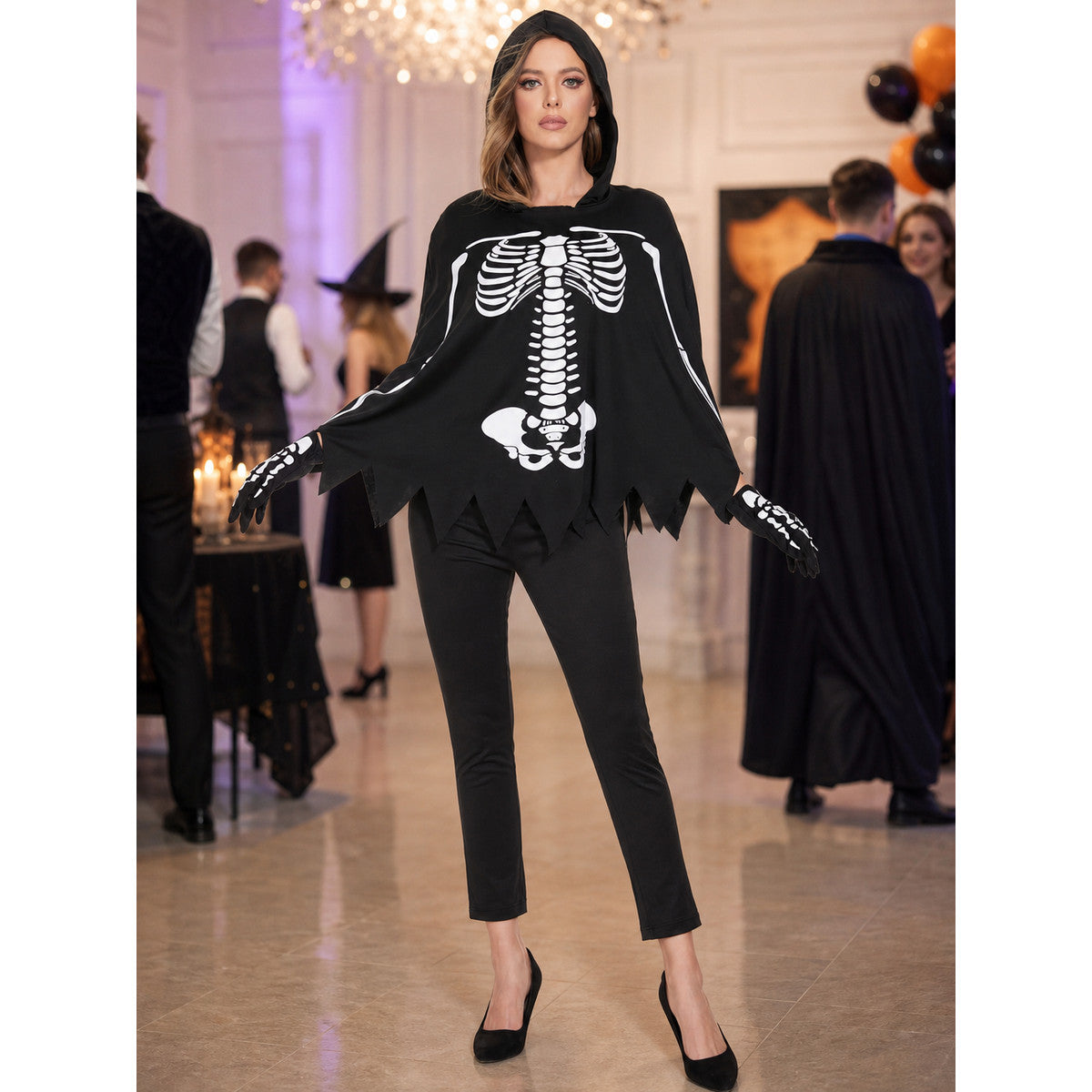 Hooded Cloak Costume with White Skeleton Print for Cosplay