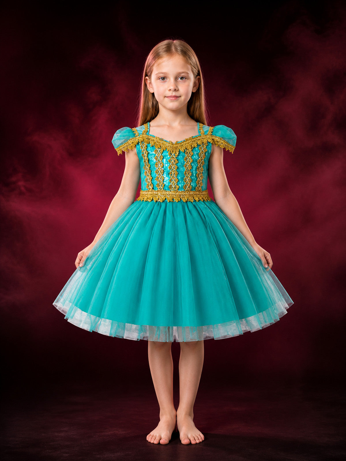 Girls' Princess Costume Dress With Sequined Bodice, Gold Trim And Tulle Skirt main product view