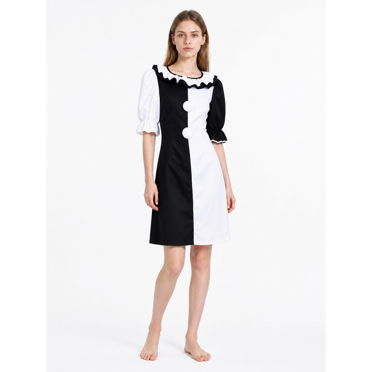 Short Black-and-White Clown Dress with Ruffles Costume Dresses detail