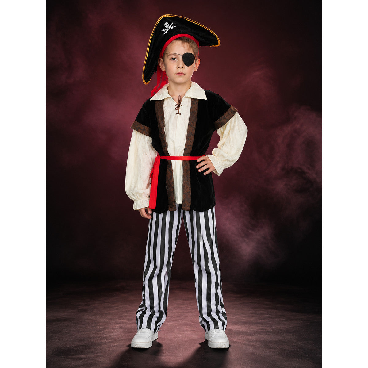 Boy's Pirate Costume Set with Hat, Eye Patch, Belt and Striped Pants main product view