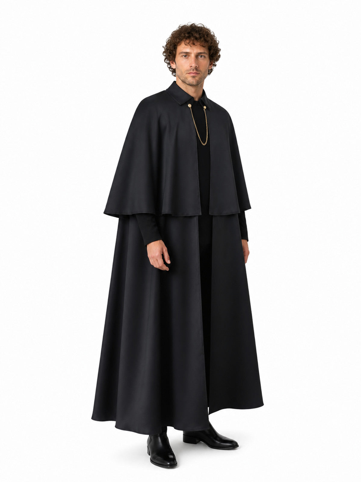 Black Cape with Stand Collar and Gold Chain