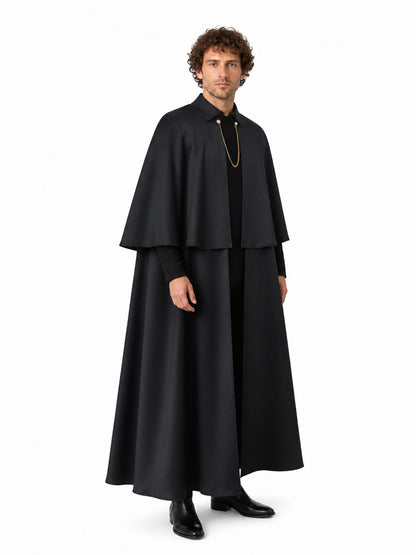 Black Cape with Stand Collar and Gold Chain