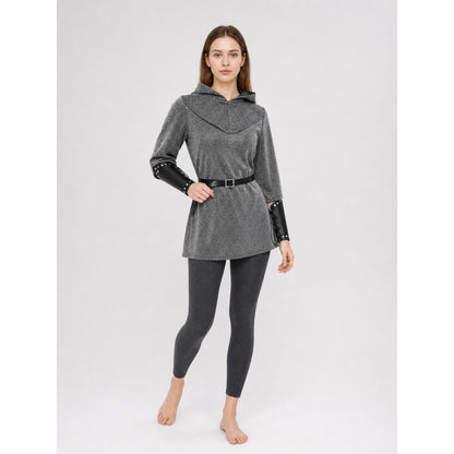 The set is designed in a medieval style and is suitable for creating a cosplay or stage-performance look. It includes a gray long top with a hood, a headpiece in the form of a gray hood, black bracers, and a black belt with a square buckle 
